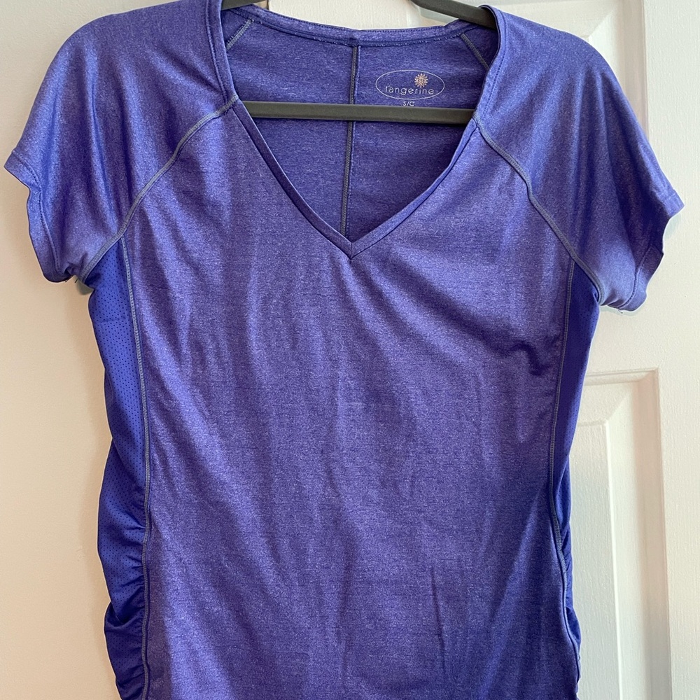 Purple Fitted Ruched Short Sleeve Tee workout shirt
